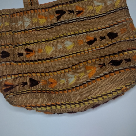 VINTAGE Handmade Boho Embroidered Burlap Tote - Picture 3 of 11